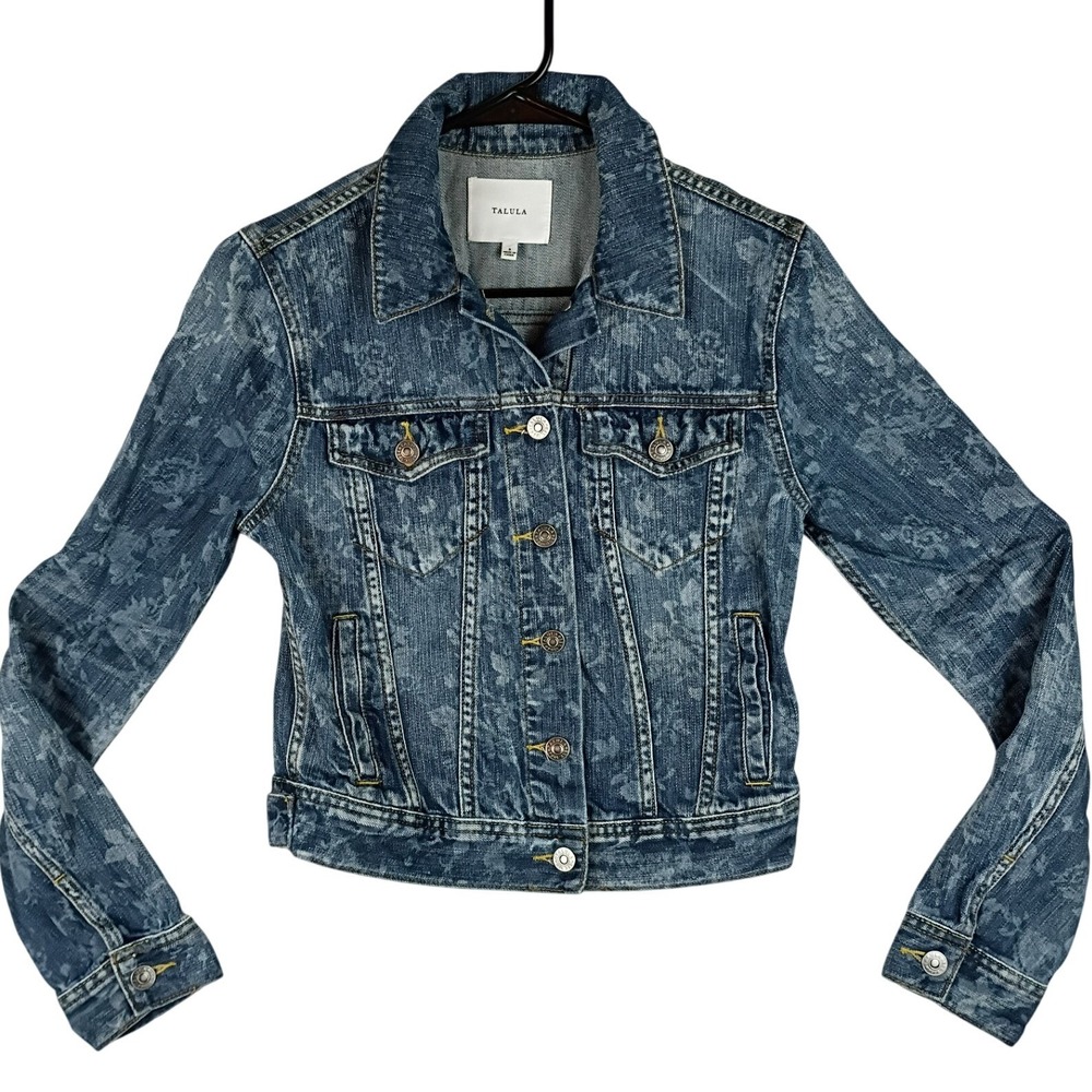 Talula Floral Cropped Denim Jacket Women Small Blue Acid Wash Jean Streetwear